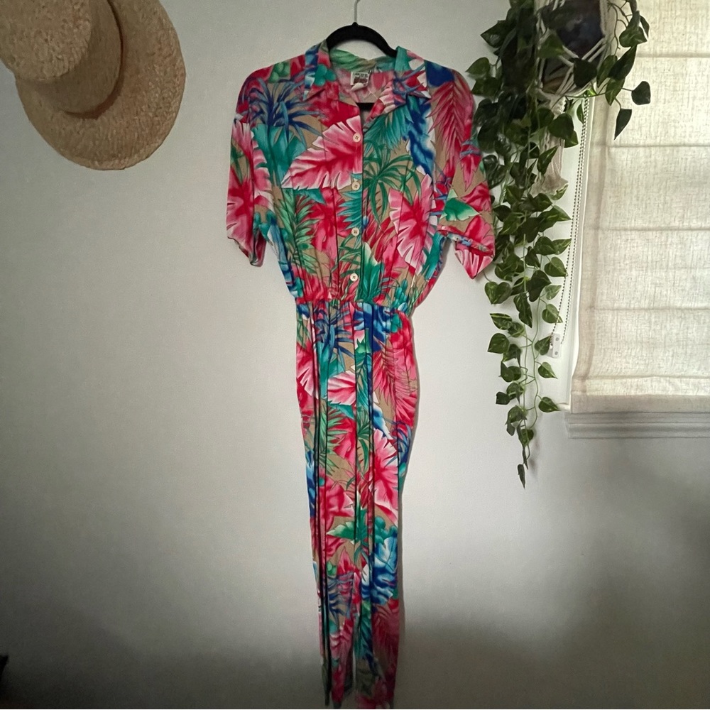 VINTAGE Tropical Print Jumpsuit, 1980s, Size Small